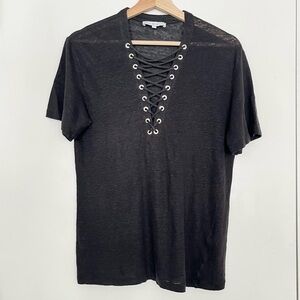 IRO Women's 100% Linen Top Shirt Lace Up Size S Black Relaxed Rock n Roll Edgy